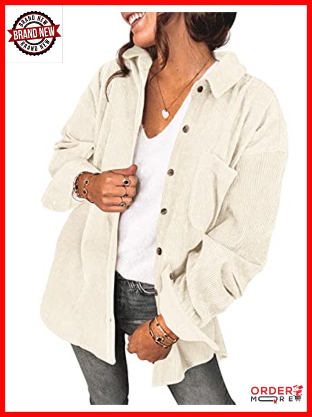 Oversized Lightweight Corduroy Shacket Button Down V Neck Roll Cuff
